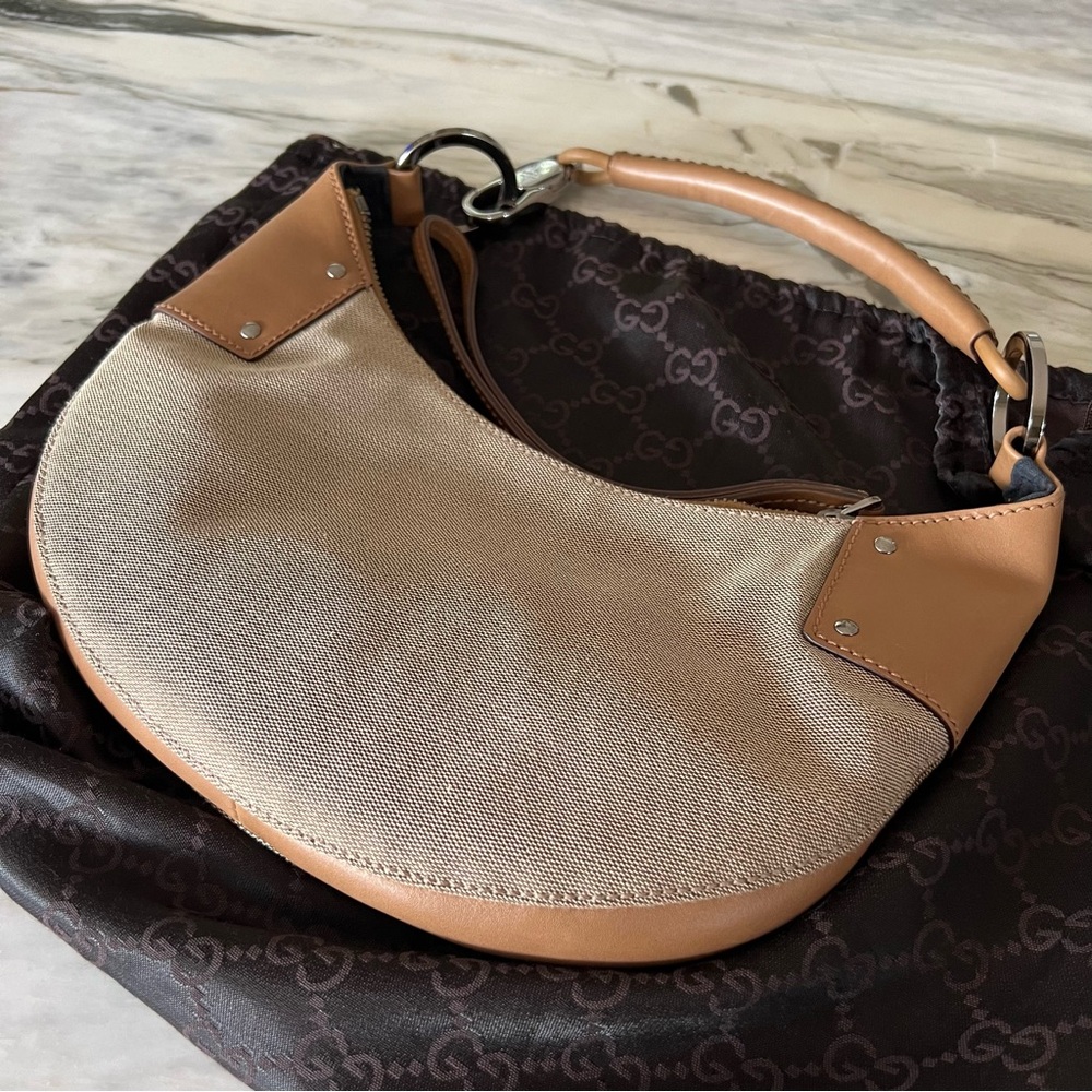 Gucci Vintage Half Moon Canvas Leather Ring Hobo Shoulder Bag